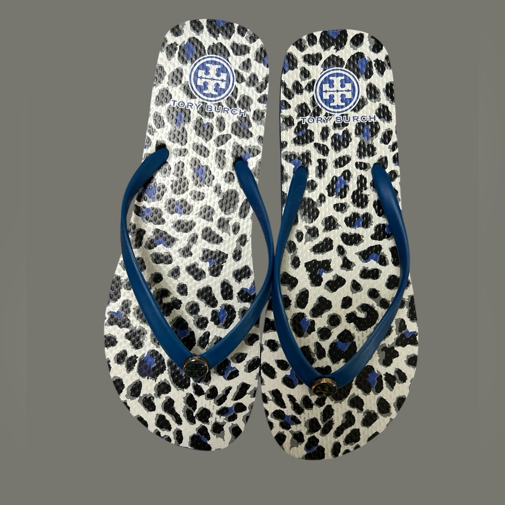Tory Burch Blue Strap Leopard Sandals with charm size 8?